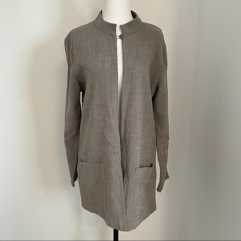 Eileen Fisher Nehru collar cotton/linen jacket with large placket pockets